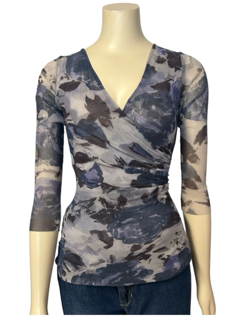 Cache Mesh Wrap 3/4 Sleeve Top Blue Watercolor Floral Womens XS